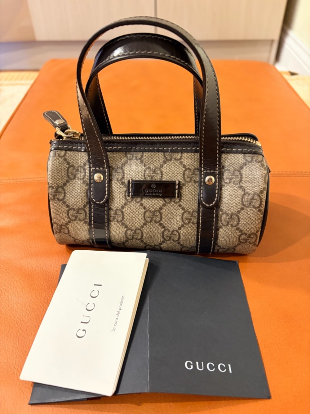 Gucci GG Canvas Mini Boston Bag with Dark Brown Trim